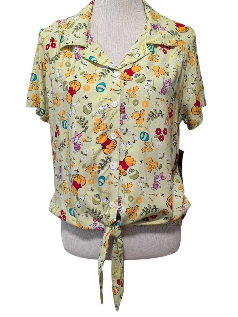 Disney Hot Topic Womens NWT Size XL Green Pooh Bear Cottage Floral Tie Waist Top - Picture 2 of 10